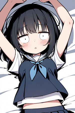 from front, upper body, look at viewer, a girl, lie on bed, arms up, surprised, short hair, black hair, school uniform, short sleeve shirt, dark blue skirt, blush, jitome