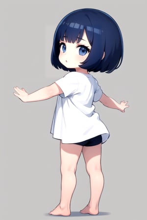 1girl, solo, looking back, looking at viewer, short hair, bangs, simple background, shirt, white background, closed mouth, standing, monochrome, full body, short sleeves, barefoot, chibi, expressionless, outstretched arms, blue theme