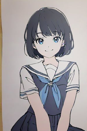 from front, portrait, look at viewer, a girl, sitting, smile, short hair, black hair, school uniform, short sleeve shirt, dark blue skirt, contour drawing,