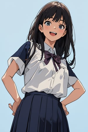 1girl, simple_background, blue background, look at viewer,  from below, cowboy shot, Placing hands on hips, laughing, school uniform, short sleeve shirt, black hair,