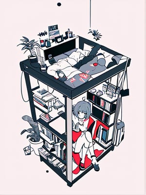 1girl, solo, short hair, skirt, simple background, shirt, long sleeves, white background, sitting, lying, shoes, socks, bag, cup, pillow, book, chair, phone, backpack, plant, red footwear, bookshelf, potted plant, computer, limited palette, television, handheld game console, monitor, flat color