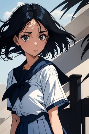 A girl with short, black hair blown back by the wind, gazing directly at the viewer from a frontal portrait. She wears a school uniform consisting of a short-sleeved shirt and dark blue skirt, her expression calm amidst the gentle tousling of her locks.