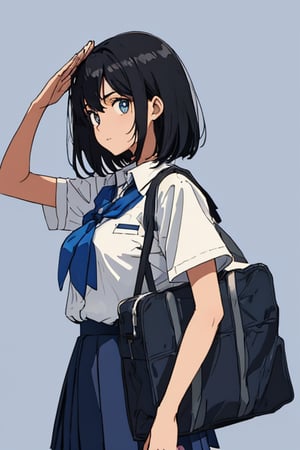 1girl, solo, ((simple_background, blue background)), salute, look at viewer, cowboy shot, From Side, school uniform, short sleeve shirt, black hair, short hair,
