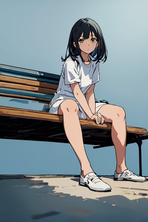 1girl, simple_background, blue background, short sleeve white shirt, black hair, look at viewer, from below, cowboy shot,sitting on bench
