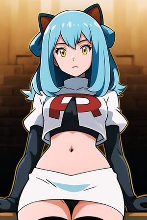 Team Rocket, cropped jacket, white jacket, crop top, jacket, gloves, black gloves, elbow gloves, navel, midriff, white skirt, miniskirt, skirt, black thighhighs, looking down at viewer,(intricately detailed, hyperdetailed), blurry background,depth of field, best quality, masterpiece, intricate details, tonemapping, sharp focus, hyper detailed, trending on Artstation,1 girl, high res, official art,black panties,Tio Plato,yellow_eyes,long_hair,aqua_hair,fake_animal_ears,sitting_on_face