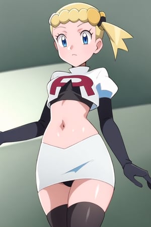 Team Rocket, cropped jacket, white jacket, crop top, jacket, gloves, black gloves, elbow gloves, navel, midriff, white skirt, miniskirt, skirt, black thighhighs, looking down at viewer,(intricately detailed, hyperdetailed), blurry background,depth of field, best quality, masterpiece, intricate details, tonemapping, sharp focus, hyper detailed, trending on Artstation,1 girl, high res, official art,hands on hps,black panties,Bonnie,1girl,bonnie,short hair,BLONDE,side ponytail,blue eyes,eyelashes