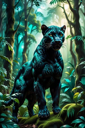 A black panther in a lush forest, dark green, teal, rich colours, ambient lighting