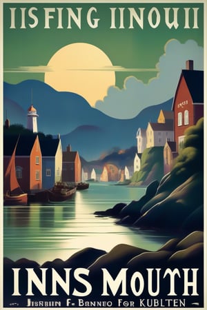 A travel poster for the quaint fishing town of Innsmouth, art deco, 30s travel poster, rich colours