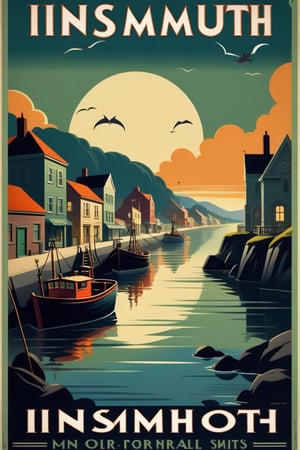 A travel poster for the quaint fishing town of Innsmouth, art deco, 30s travel poster, rich colours, sinister