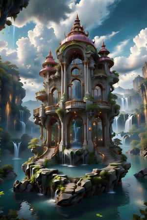  3d art nouveau palace on a floating rock, waterfalls, dramatic clouds, intricate details, dramatic scenery