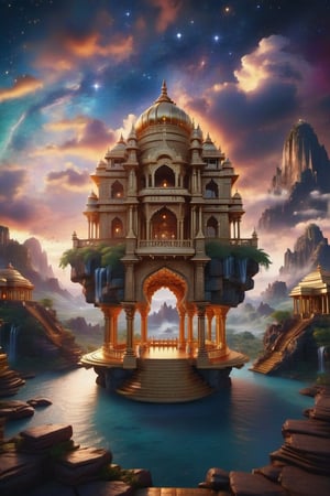  3d indian palace on a floating rock in space, waterfalls, dramatic clouds, intricate details, dramatic scenery, tilt shift, golden hour, rich colours