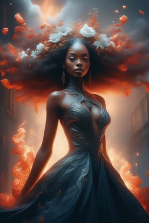 stunning image of a beautiful black woman in a fiery gown, flowers, moody, grainy, noisy, concept art, by Alberto Seveso, Cyril Rolando, Dan Mumford, Meaningful Visual Art, Detailed Painting, Digital Illustration, Unreal Engine 5, 32k maximalist, hyperdetailed fantasy art, 3d digital art, sharp focus, masterpiece, fine art