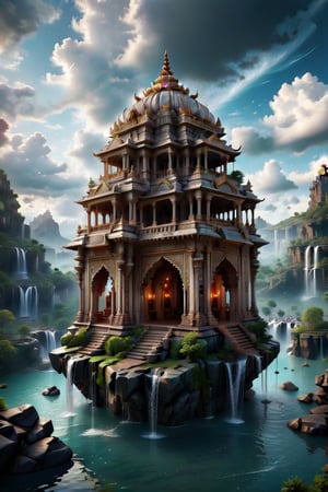  3d indian palace on a floating rock, waterfalls, dramatic clouds, intricate details, dramatic scenery, tilt shift