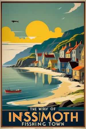 A travel poster for the quaint fishing town of Innsmouth, art deco, 30s travel poster, rich colours