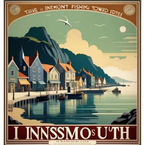 A travel poster for the quaint fishing town of Innsmouth, art deco, 30s travel poster