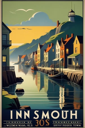 A travel poster for the quaint fishing town of Innsmouth, art deco, 30s travel poster, rich colours