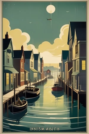 A travel poster for the quaint fishing town of Innsmouth, art deco, 30s travel poster