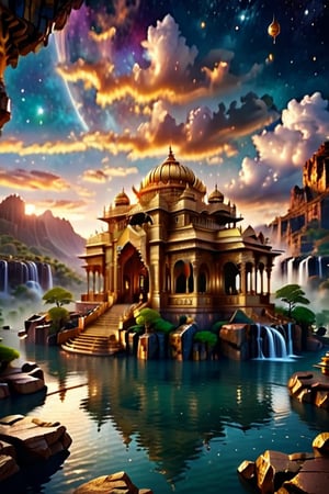  3d indian palace on a floating rock in space, waterfalls, dramatic clouds, intricate details, dramatic scenery, tilt shift, golden hour, rich colours