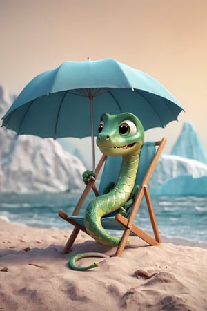 A cute Pixar style snake sitting in a beach chair under an umbrella on the edge or a glacier