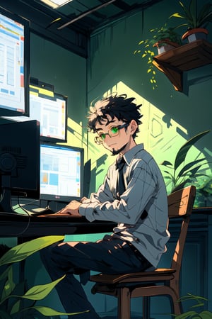 a lilttle boy, sit, full beard in front of computer, weord expression, green wall, glasses