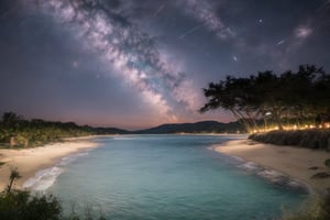 outdoor, night sky, clouds, Starry sky, star, water, trees, no humans, ocean, beach, thatch, landscape, sand, coast, original photos, realistic, photography,fine art,