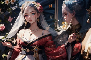 1girl, solo, long hair, hair ornament, long sleeves, bare shoulders, jewelry, upper body, flower, grey hair, earrings, hand up, hair flower, wide sleeves, kimono, necklace, off shoulder, sash, makeup, gem, butterfly, tassel, veil, light particles, pink flower, beads, hair stick,
(masterpiece, best quality, official art, beautifull and aesthetic) opsional, ,edgRenaissance