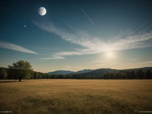 outdoor, sky, day, clouds, maple trees, blue sky, no humans, moon, grass, stars\(sky\), landscape, full moon, huge planet, moon, (masterpiece, best quality, official art, beautifull and aesthetic) opsional, scenery,More Detail,Sylvain_Sarrailh_style_lora_by_niolas,
watermark, signature, username, text,