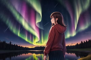1 girl, alone, shooting star, aurora, long hair, skirt, long sleeves, standing, outdoors, sky, from behind, hoodie, night, hood down, 
 Stars\(sky\), night sky, scenery, starry sky,
(masterpiece, best quality, official art, beautifull and aesthetic) opsional,liquid clothes,firefliesfireflies,edgRenaissance,watercolor