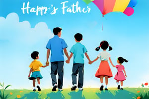 Left side picture, father with 1 son and 1 daughter, Asian, holding hands, rear view, 1 boy, 1 girl, kids, black hair, dress, outdoor, sky, grass, right side English cursive "Happy Father's Day", poster, color block style,
Use hue to represent light and shadow,