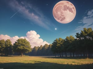 outdoor, sky, day, clouds, maple trees, blue sky, no humans, moon, grass, stars\(sky\), landscape, full moon, huge planet, moon, (masterpiece, best quality, official art, beautifull and aesthetic) opsional, scenery,More Detail,Sylvain_Sarrailh_style_lora_by_niolas