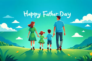 A father holding hands with a son and a daughter, outdoor scene, blue sky and green land, with ''Happy Father's Day'' written in English cursive font. Flat vector art, minimalist color blocks, fairy tale picture book style, using tones to express light and shadow