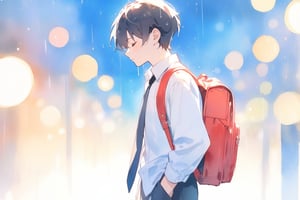 Highly detailed, High Quality, Masterpiece, Beutiful, (Medium long shot) ,anime,1 boy, solo, closed mouth, standing, closed eyes, white shirt, male focus, cowboy shot, necktie, collared shirt, pants, bag, blurry, profile, backpack, black necktie, rain, hands in pockets, bokeh light dust, depth of field, watercolor,Flat Design,watercolor \(medium\)