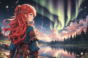 1 girl, alone, shooting star, aurora, long hair, long sleeves, standing, outdoors, sky, from behind, night, 
 Stars\(sky\), night sky, scenery, starry sky,
(masterpiece, best quality, official art, beautifull and aesthetic) opsional,liquid clothes,firefliesfireflies,edgRenaissance,watercolor,More Detail,Fashion cheongsam,future0603,girl,ayaka_genshin,viking