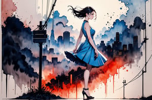 alone, 1 girl, kitten heel, rainy day, rain, Slightly flowing long hair, dress, standing, full body, female focus, outdoors, sky, High heel, cloud, from side, profile, cloudy sky, building, reflection, city, power lines, utility pole, gradient color cloud, Watercolor, bokeh light dust, depth of field, Fashion, best quality, 8k, highres, masterpiece, perfect hands, perfect anatomy, The highest image quality, excellent detail, ultra-high resolution, best illustration, attention to detail, exquisite beautiful face, detailed hands, expressive eyes,tortinita fine,watercolor , Expressiveh,INK art,