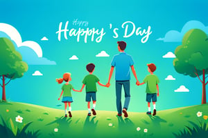 A father holding hands with a son and a daughter, outdoor scene, blue sky and green land, with ''Happy Father's Day'' written in English cursive font. Flat vector art, minimalist color blocks, fairy tale picture book style, using tones to express light and shadow,