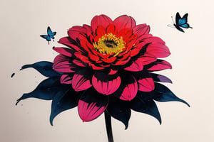 dahlia, flower, butterfly, minimalism, ink, watercolor,