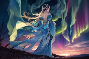 1 girl, alone, shooting star, aurora, long hair, long sleeves, standing, outdoors, sky, from behind, night, 
 Stars\(sky\), night sky, scenery, starry sky,
(masterpiece, best quality, official art, beautifull and aesthetic) opsional,liquid clothes,firefliesfireflies,edgRenaissance,watercolor,More Detail,Fashion cheongsam,future0603