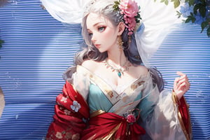 1 girl, alone, long hair, hair ornament, long sleeves, bare shoulders, jewelry, upper body, flower, grey hair, earrings, hand up, hair flower, wide sleeves, kimono, necklace, off shoulder, sash, makeup, gem, butterfly, tassel, veil, light particles, pink flower, beads, hair stick,
(masterpiece, best quality, official art, beautifull and aesthetic) opsional, ,edgRenaissance