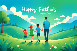 A father holding hands with a son and a daughter, outdoor scene, blue sky and green land, with ''Happy Father's Day'' written in English cursive font. Flat vector art, minimalist color blocks, fairy tale picture book style, using tones to express light and shadow,