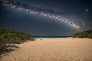  glass wall, resort, outdoor, night sky, clouds, Starry sky, star, water, trees, no humans, ocean, beach, landscape, sand, coast, original photos, realistic, photography,fine art,