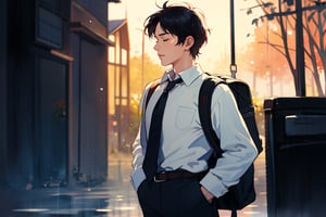 1 boy, alone, Highly detailed, High Quality, Masterpiece, Beutiful, (Medium long shot) ,anime, closed mouth, standing, closed eyes, white shirt, male focus, cowboy shot, necktie, collared shirt, pants, bag, blurry, profile, backpack, black necktie, rain, hands in pockets, bokeh light dust, depth of field, watercolor, Design, watercolor \(medium\),Sylvain_Sarrailh_style_lora_by_niolas,fine art