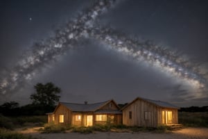  glass holiday home, outdoor, night sky, clouds, Starry sky, star, water, trees, no humans, ocean, beach, landscape, sand, coast, original photos, realistic, photography,fine art,