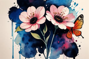 flowering dogwood, flower, butterfly, minimalism, ink, watercolor,