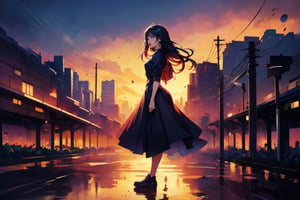 alone, 1 girl, rainy day, rain, Slightly flowing long hair, dress, standing, full body, female focus, outdoors, sky, shoes, cloud, from side, profile, cloudy sky, building, reflection, city, power lines, utility pole, gradient color cloud, Watercolor, bokeh light dust, depth of field, Fashion, best quality, 8k, highres, masterpiece, perfect hands, perfect anatomy, The highest image quality, excellent detail, ultra-high resolution, best illustration, attention to detail, exquisite beautiful face, detailed hands, expressive eyes,tortinita fine,watercolor , Expressiveh,INK art,Colors
