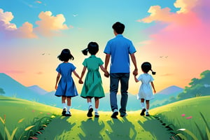 father with 1 son and 1 daughter, Asian, holding hands, rear view, 1 boy, 1 girl, kids, black hair, dress, outdoor, sky, grass, poster, color block style,
Use hue to represent light and shadow,