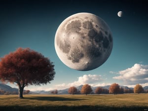 outdoor, sky, day, bright, clouds, maple trees, blue sky, no humans, moon, grass, stars\(sky\), landscape, full moon, huge planet, moon, (masterpiece, best quality, official art, beautifull and aesthetic) opsional, scenery,More Detail,Sylvain_Sarrailh_style_lora_by_niolas,
