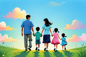 Picture left, father and 1 son and 1 daughter, Asian, holding hands, rear view, children, 1 girl, 1 boy, black hair, dress, outdoor, sky, grass, English cursive " Happy Father's Day", poster, color block style,
Use hue to represent light and shadow,