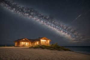  glass wall house, resort, outdoor, night sky, clouds, Starry sky, star, water, trees, no humans, ocean, beach, landscape, sand, coast, original photos, realistic, photography,fine art,