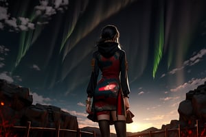 1 girl, alone, shooting star, aurora, long hair, skirt, long sleeves, standing, outdoors, sky, from behind, hoodie, night, hood down, 
 Stars\(sky\), night sky, scenery, starry sky,
(masterpiece, best quality, official art, beautifull and aesthetic) opsional,liquid clothes,firefliesfireflies,edgRenaissance,watercolor,More Detail,Fashion cheongsam