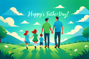 A father holding hands with a son and a daughter, outdoor scene, blue sky and green land, with ''Happy Father's Day'' written in English cursive font. Flat vector art, minimalist color blocks, fairy tale picture book style, using tones to express light and shadow,